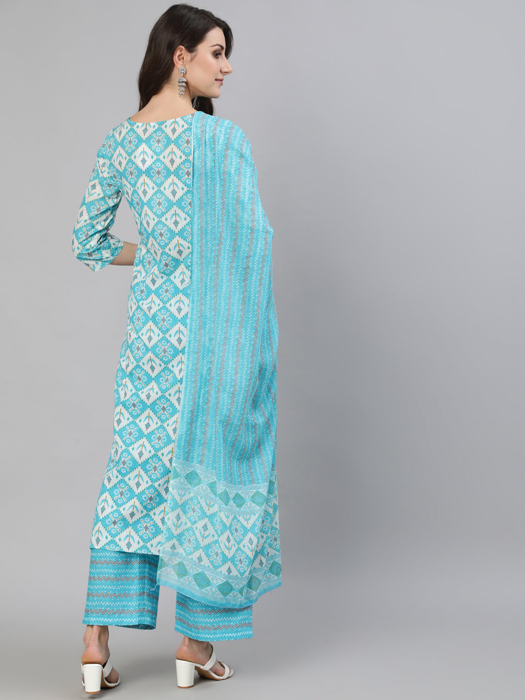 Women Blue & Off White Printed Kurta With Plazo & Dupatta