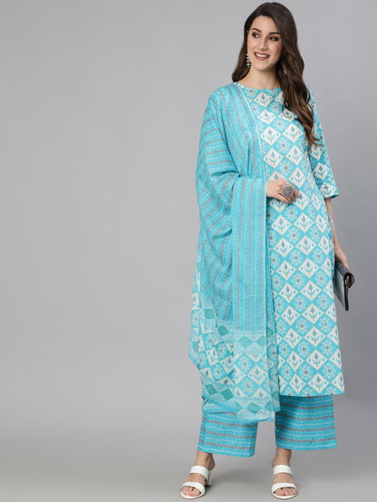 Women Blue & Off White Printed Kurta With Plazo & Dupatta