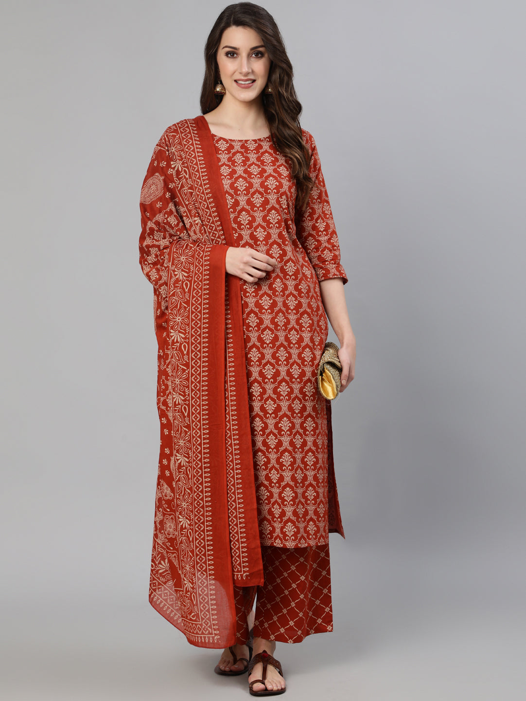 Women Maroon Ethnic Printed Straight Kurta With Plazzo And Dupatta