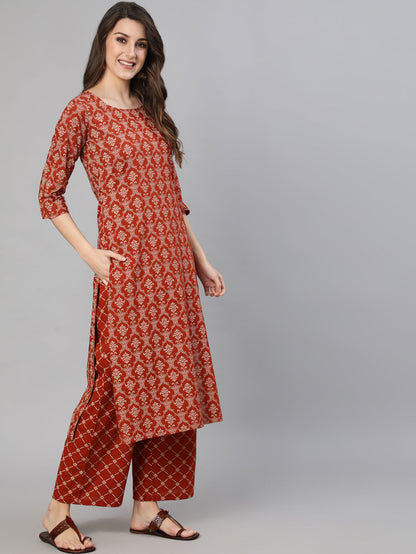 Women Maroon Ethnic Printed Straight Kurta With Plazzo And Dupatta