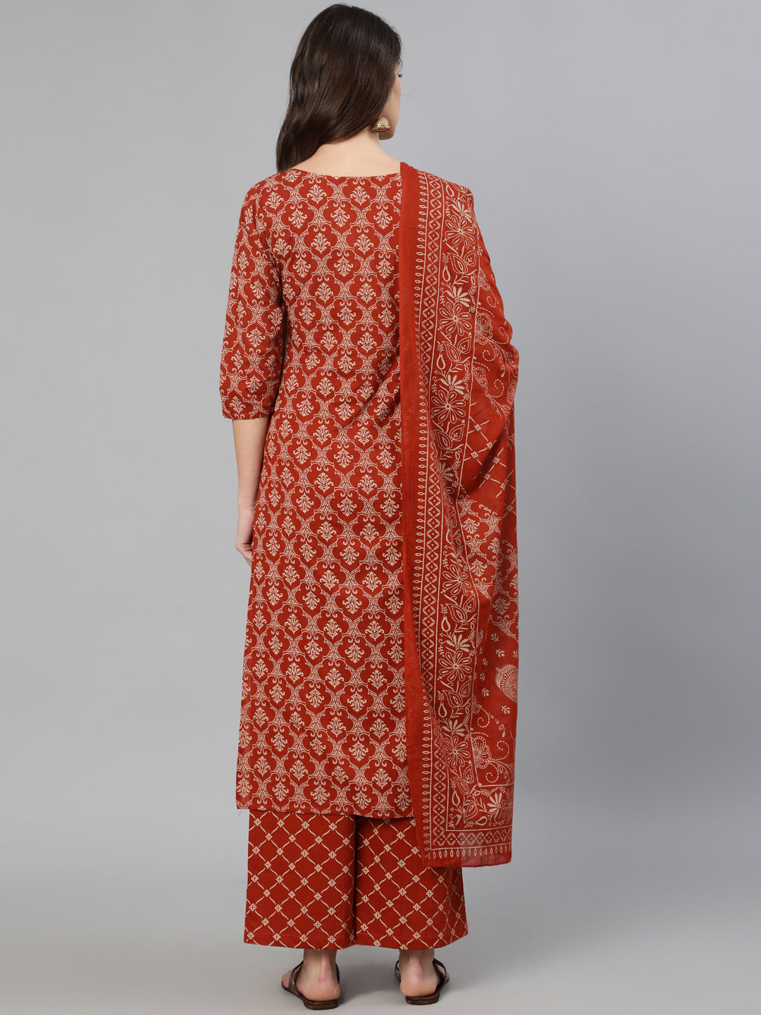 Women Maroon Ethnic Printed Straight Kurta With Plazzo And Dupatta