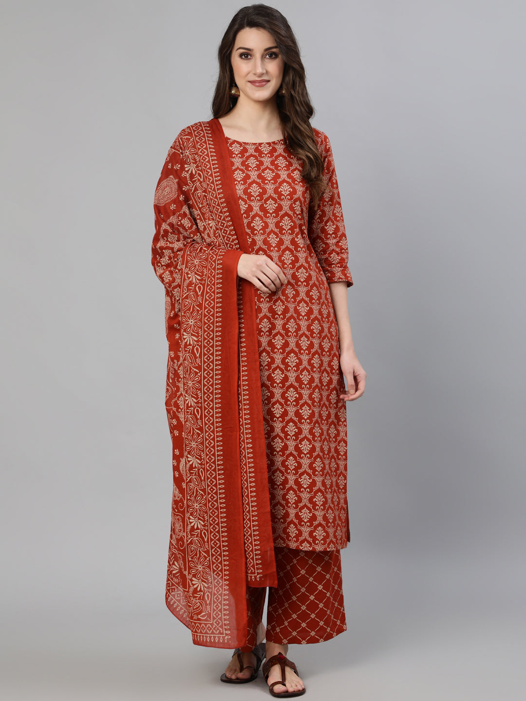 Women Maroon Ethnic Printed Straight Kurta With Plazzo And Dupatta