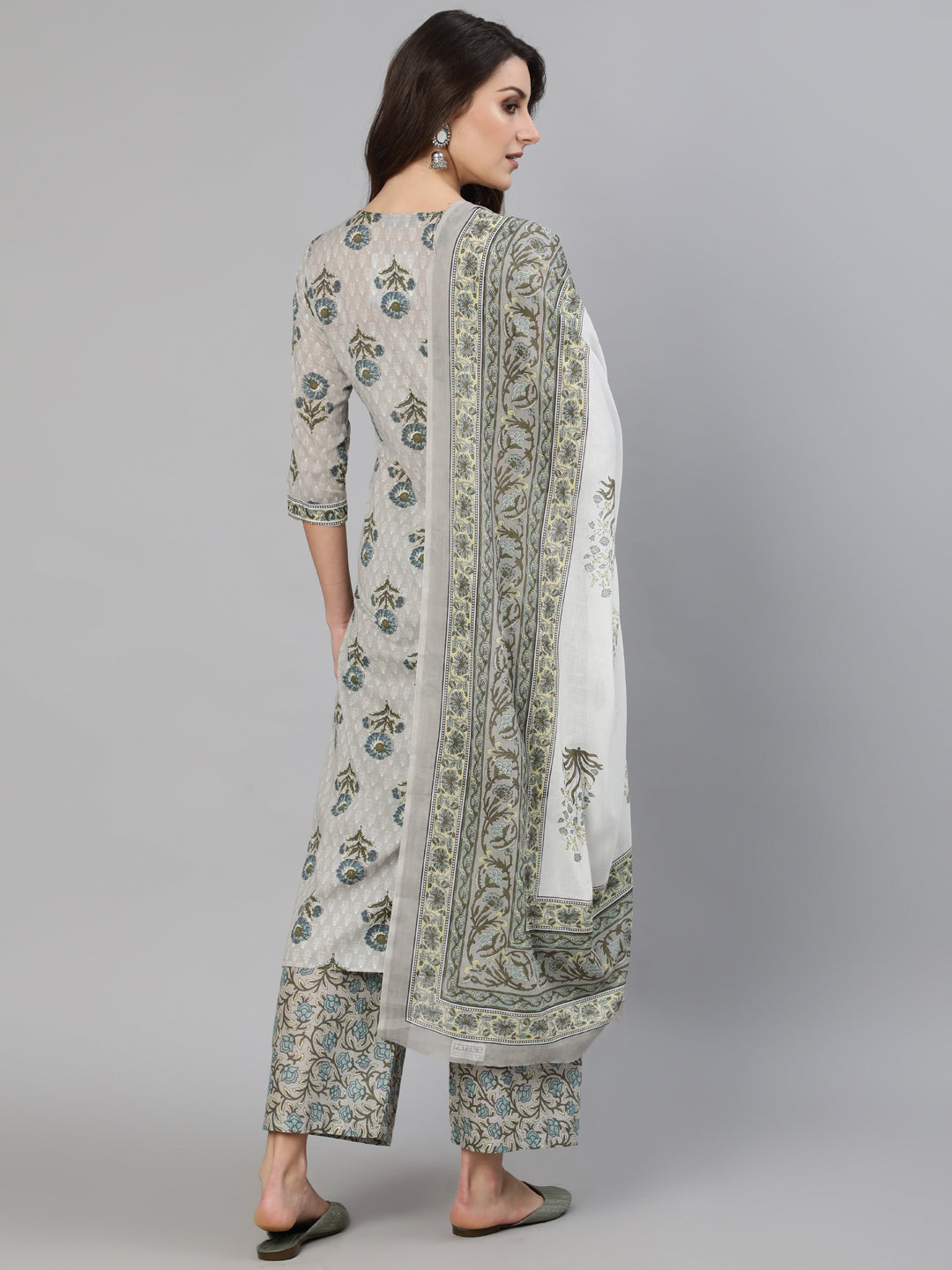 Women Grey Printed Kurta With Plazo & Dupatta