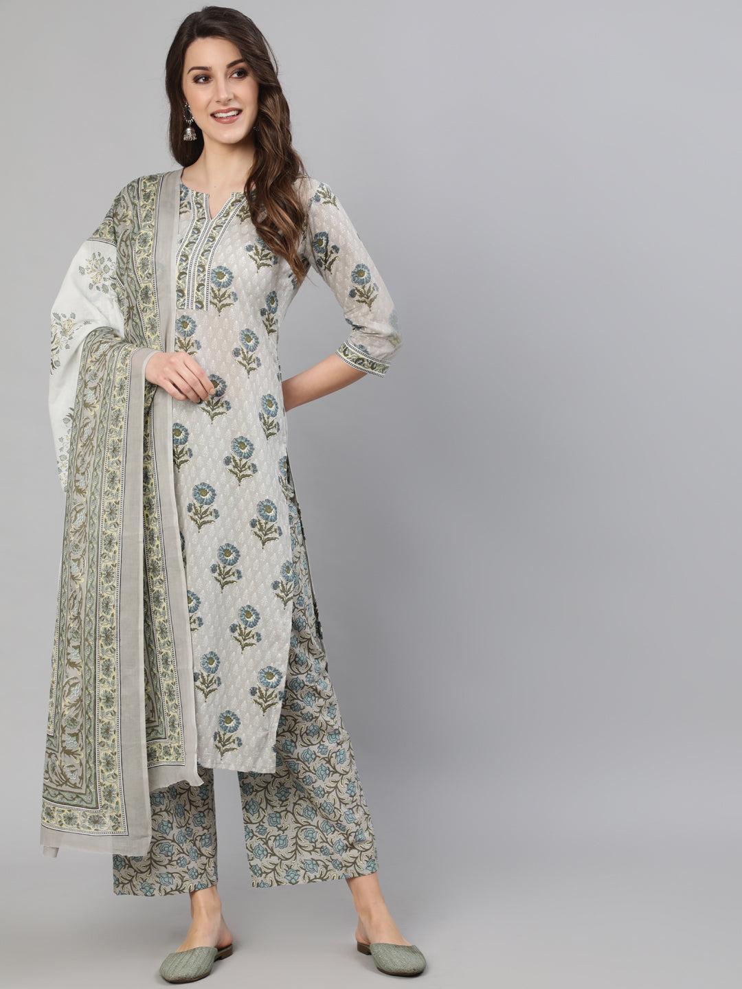 Women Grey Printed Kurta With Plazo & Dupatta