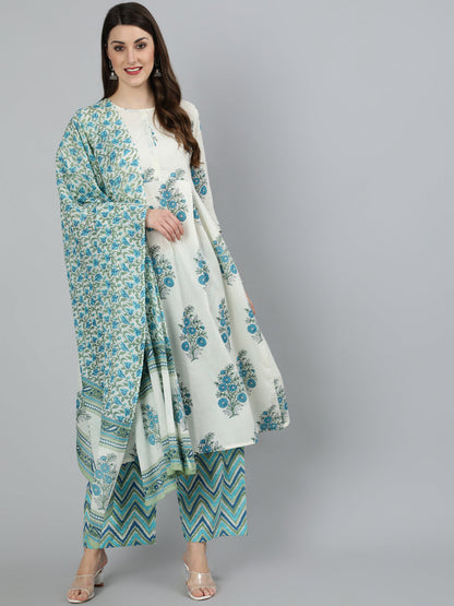 White Ethnic Floral printed Flared Kurta With Palazzo And Dupatta