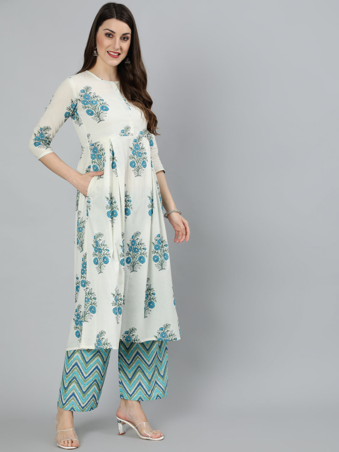 White Ethnic Floral printed Flared Kurta With Palazzo And Dupatta