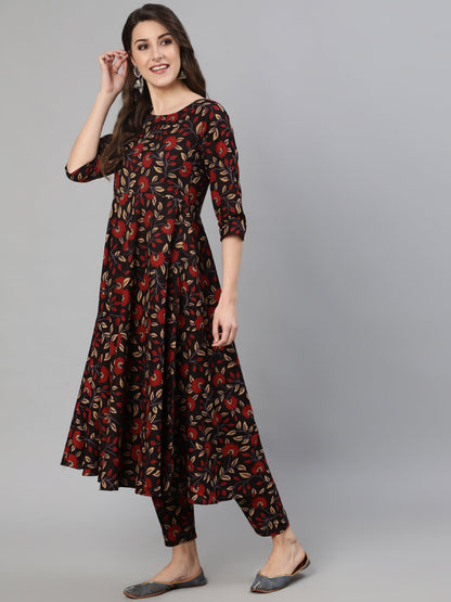 Black And Maroon Floral Printed Kurta With Trouser & Dupatta