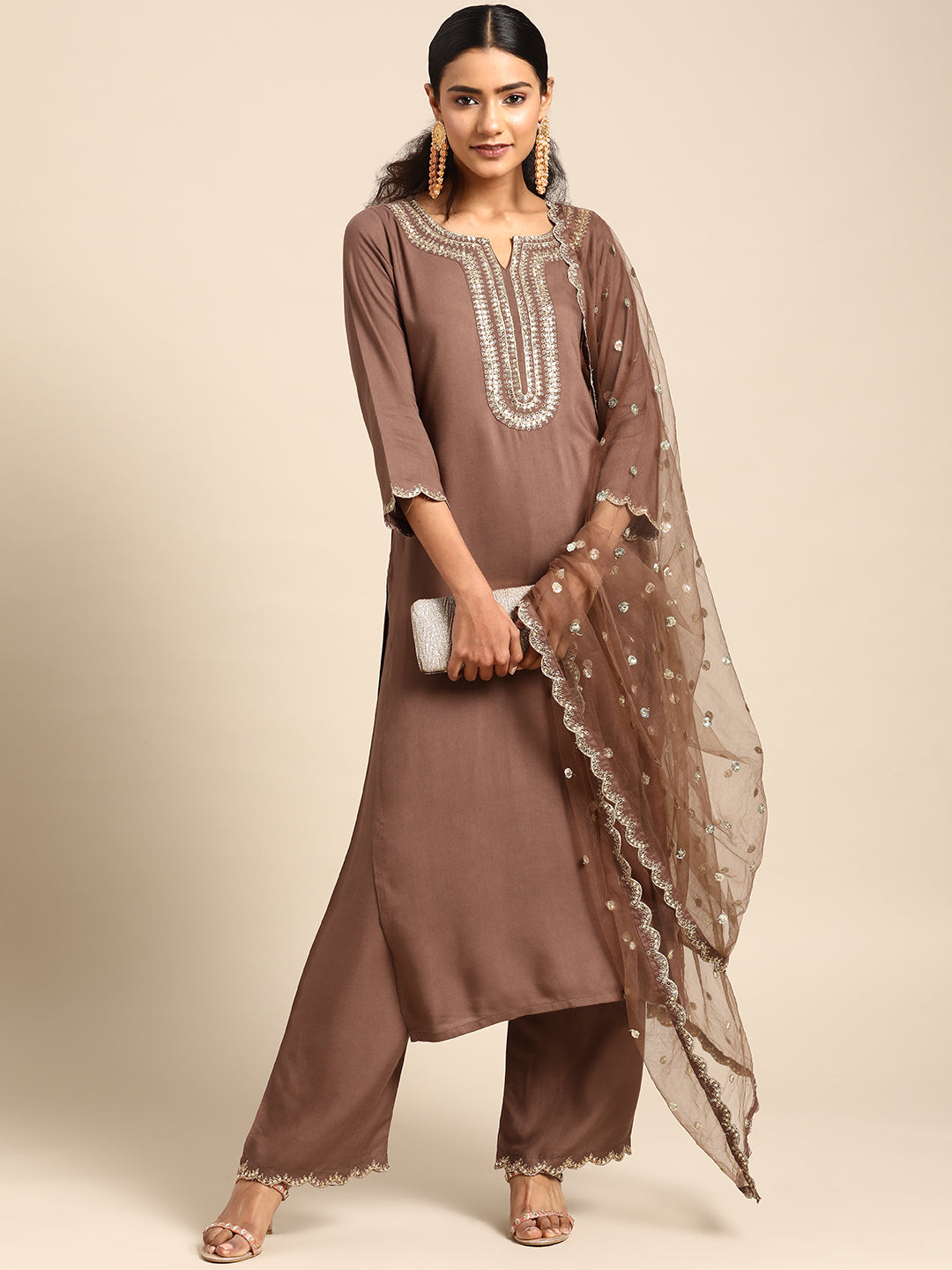 Taupe Embroidered Kurta With Plazo & Dupatta