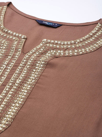 Taupe Embroidered Kurta With Plazo & Dupatta