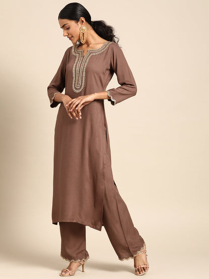 Taupe Embroidered Kurta With Plazo & Dupatta