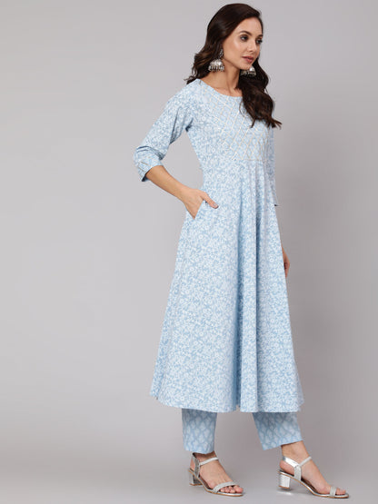 Light Blue Floral Printedt Flared Kurta With Trouser And Dupatta