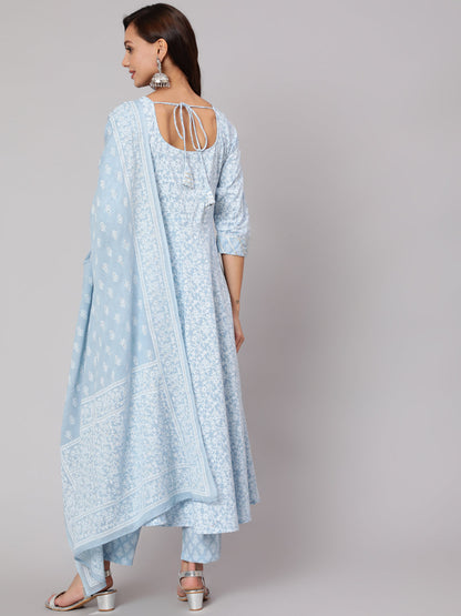 Light Blue Floral Printedt Flared Kurta With Trouser And Dupatta