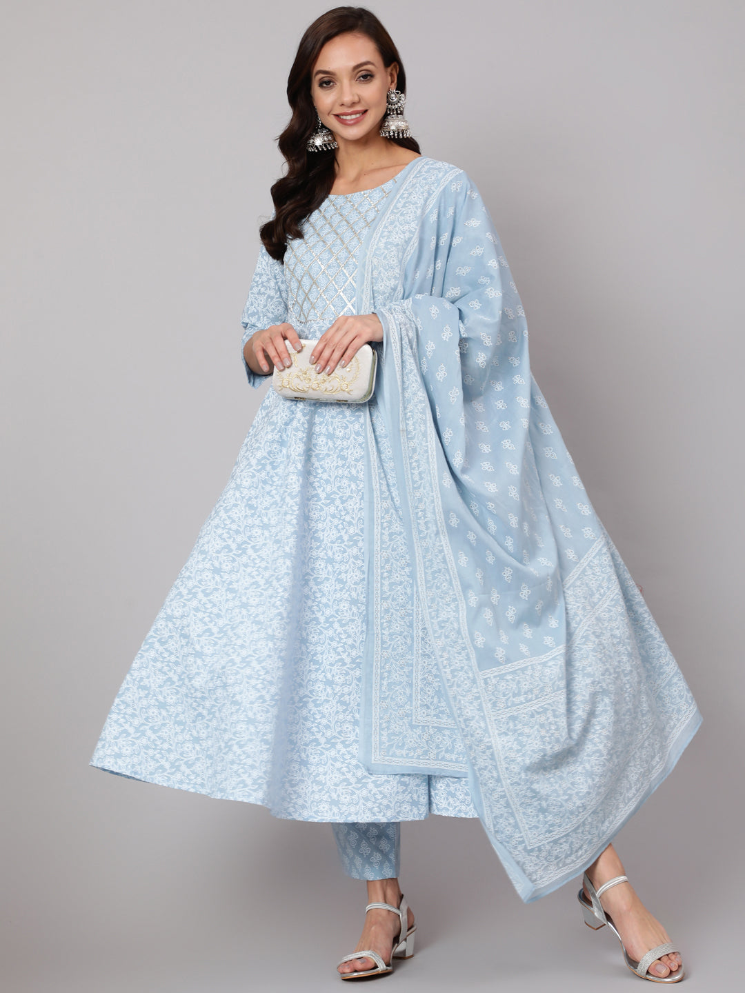 Light Blue Floral Printedt Flared Kurta With Trouser And Dupatta