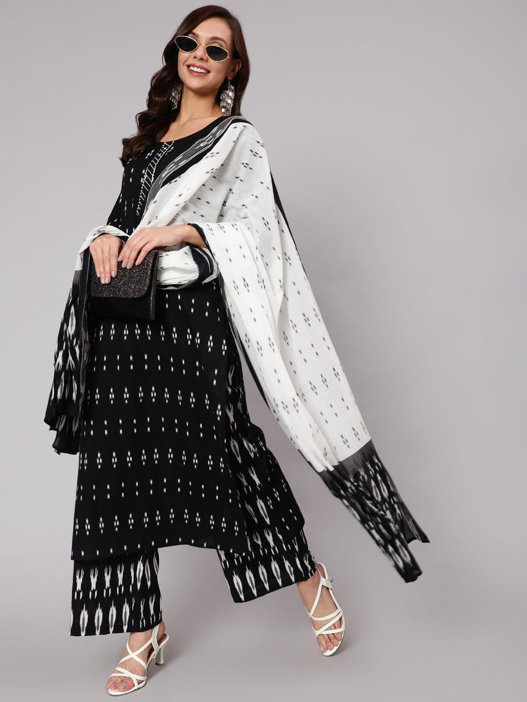 Black Ethnic Printed Straight Kurta With Palazzo And Dupatta