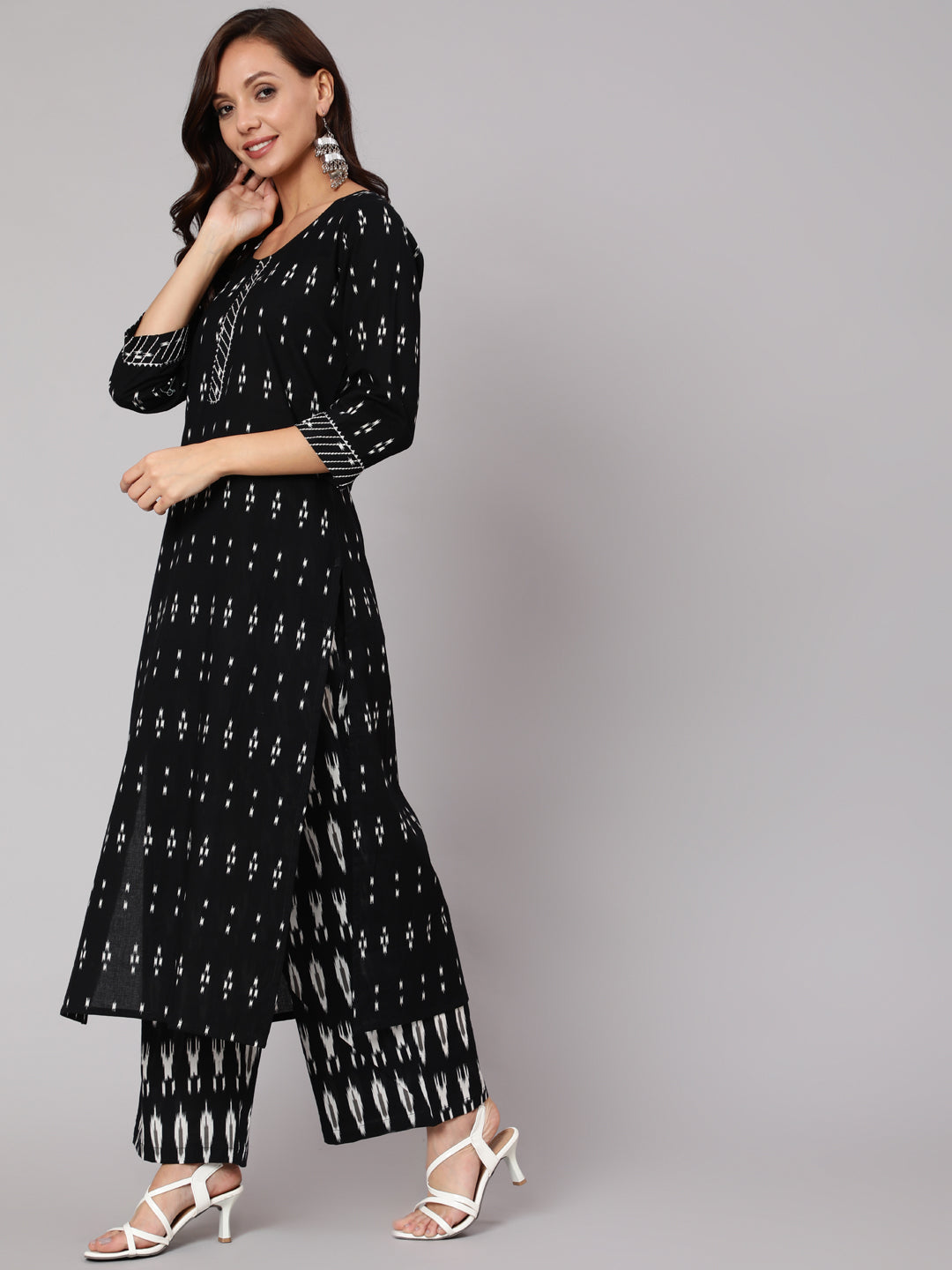 Black Ethnic Printed Straight Kurta With Palazzo And Dupatta