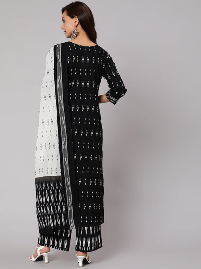 Black Ethnic Printed Straight Kurta With Palazzo And Dupatta