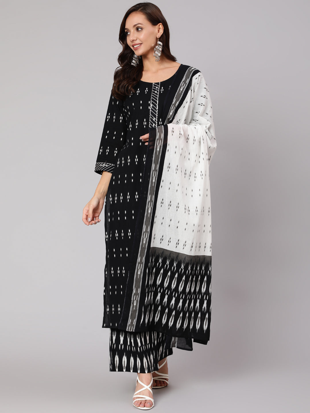 Black Ethnic Printed Straight Kurta With Palazzo And Dupatta