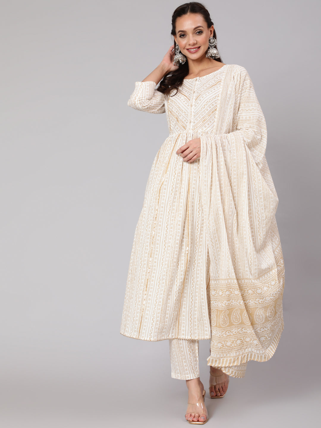 White & Gold Sequence Yoke Kurta With Trouser And Dupatta