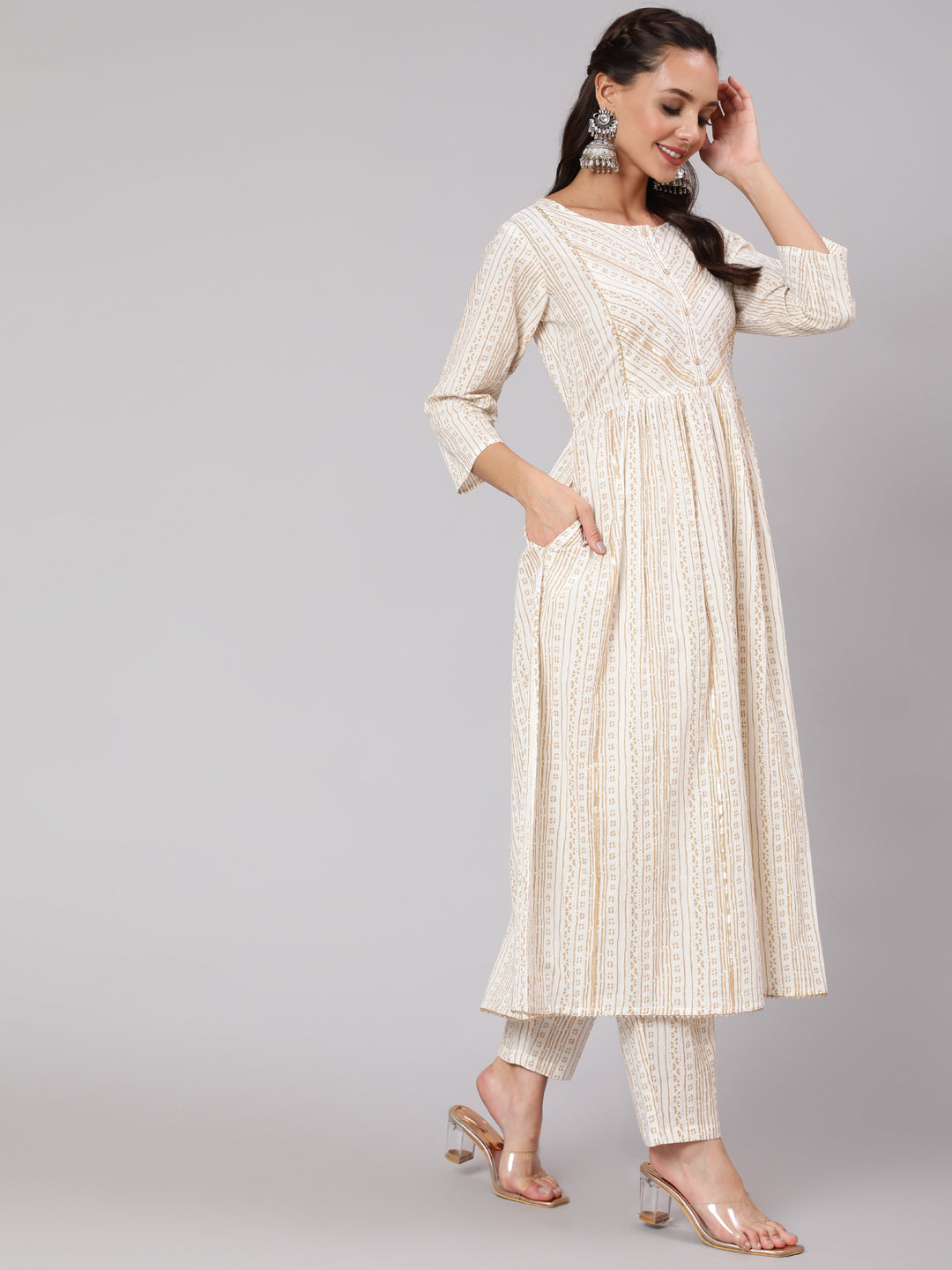 White & Gold Sequence Yoke Kurta With Trouser And Dupatta