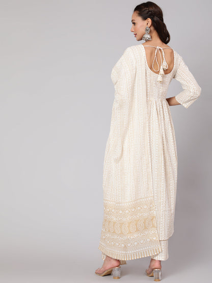 White & Gold Sequence Yoke Kurta With Trouser And Dupatta