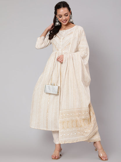 White & Gold Sequence Yoke Kurta With Trouser And Dupatta