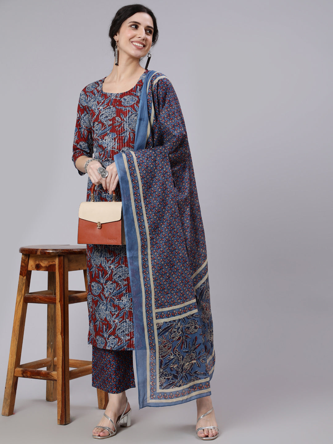 Maroon And Blue Floral Printed Straight Kurta And Palazzo With Palazzo