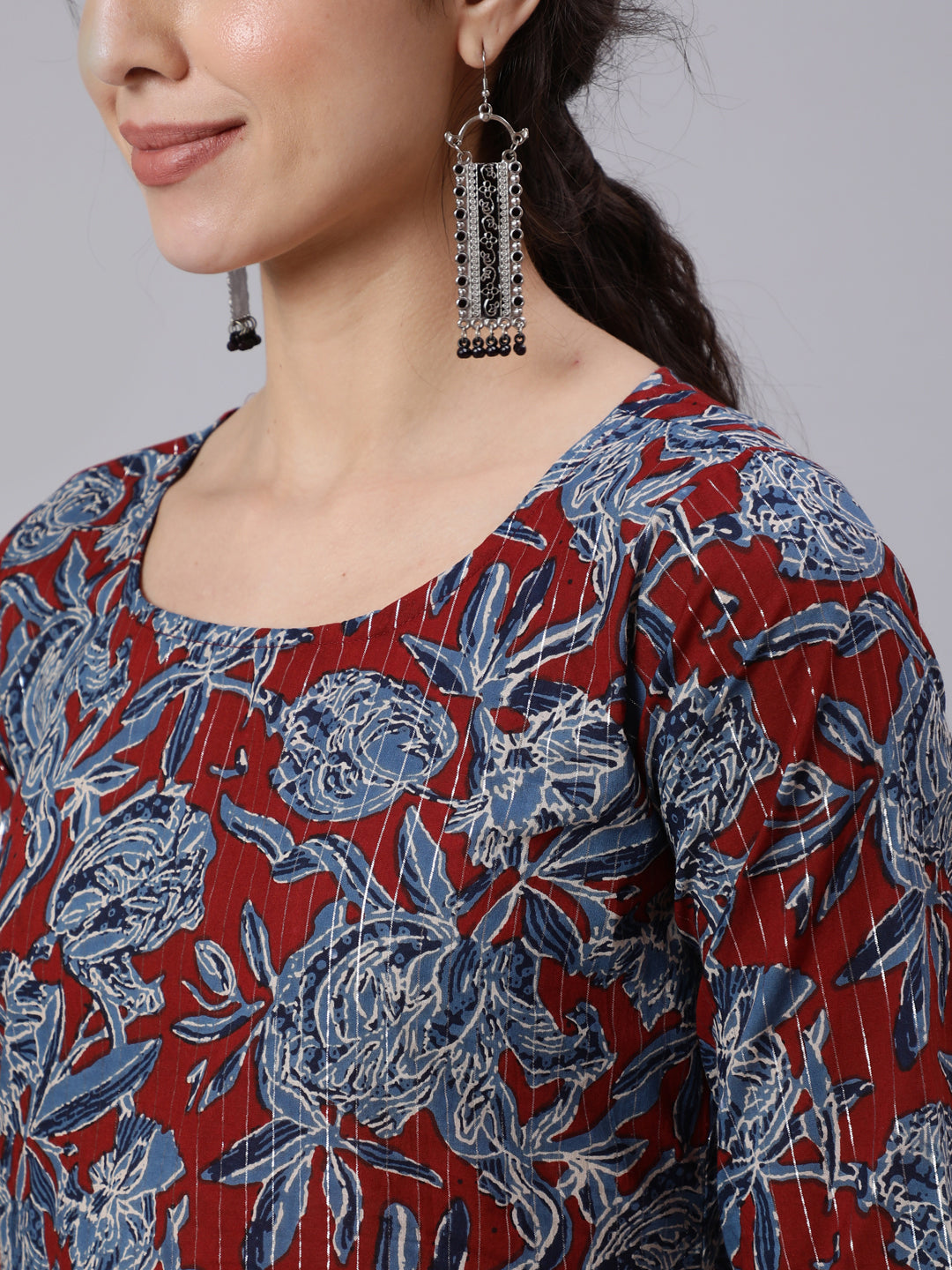 Maroon And Blue Floral Printed Straight Kurta And Palazzo With Palazzo