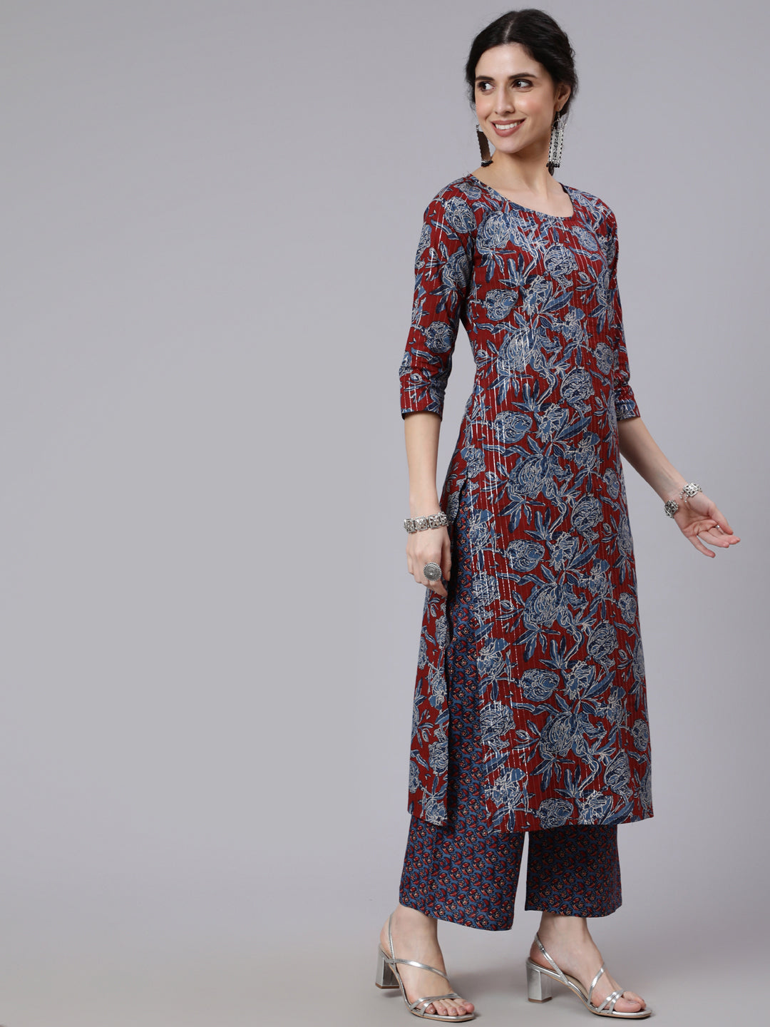 Maroon And Blue Floral Printed Straight Kurta And Palazzo With Palazzo