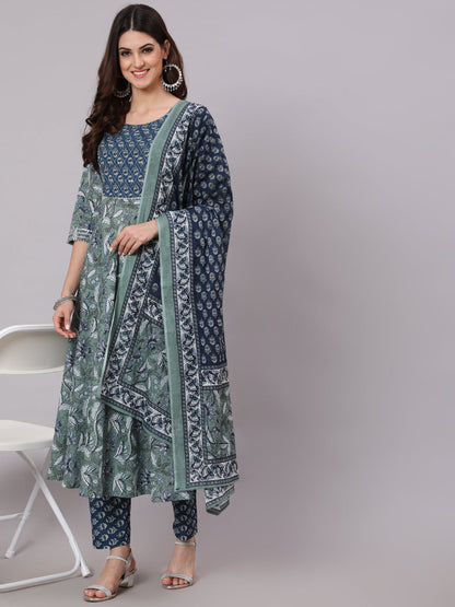 Green And Blue Printed Flared Kurta With Palazzo And Dupatta