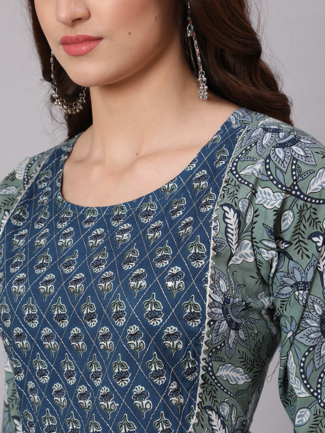 Green And Blue Printed Flared Kurta With Palazzo And Dupatta