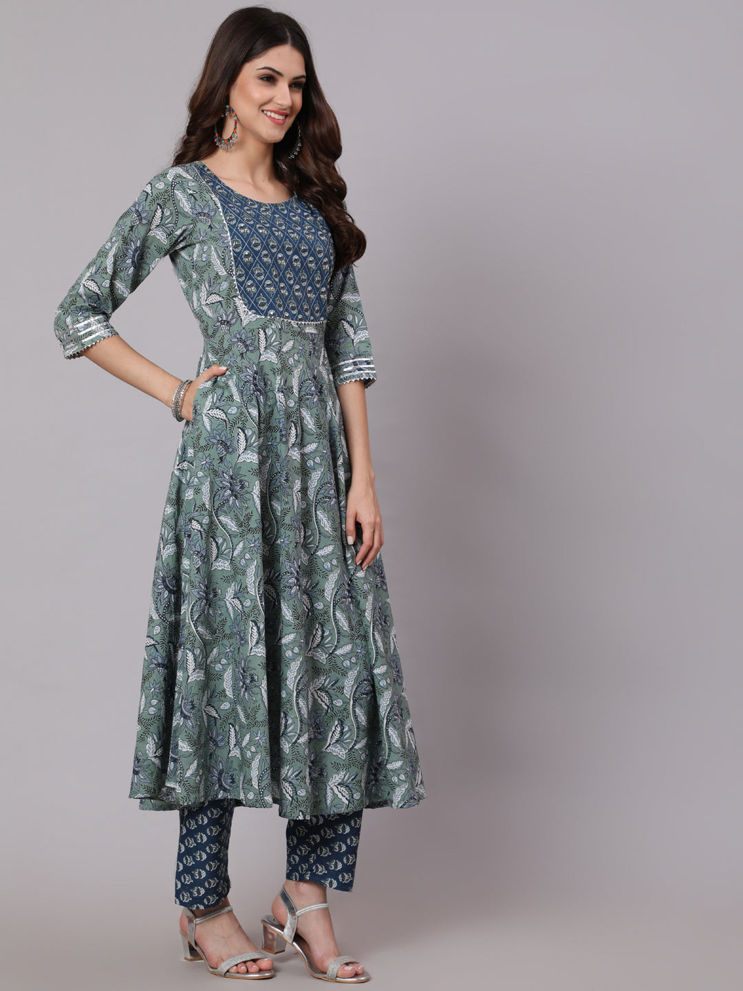 Green And Blue Printed Flared Kurta With Palazzo And Dupatta