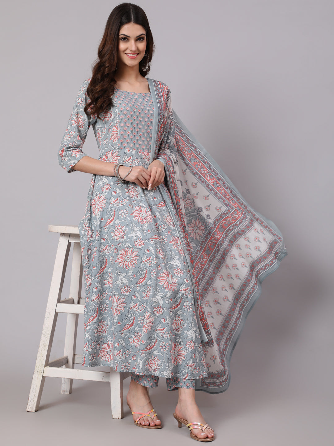 Grey Printed Flared Kurta With Trouser With Dupatta