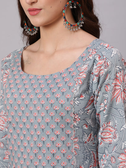 Grey Printed Flared Kurta With Trouser With Dupatta