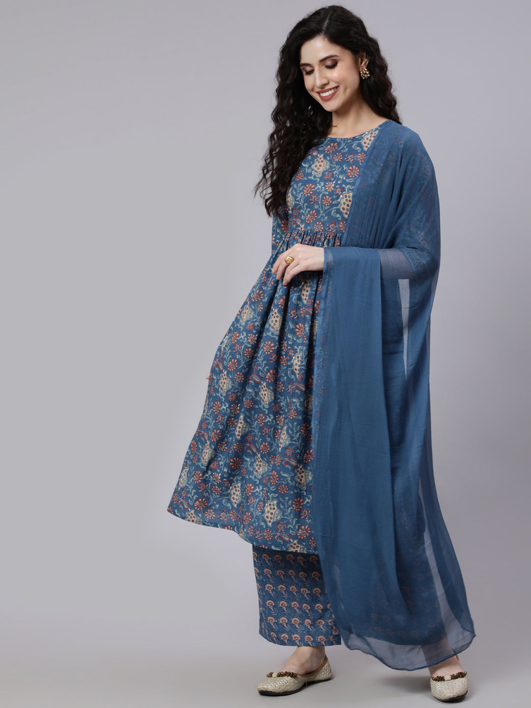 Blue Printed Flared Kurta With Palazzo And Dupatta