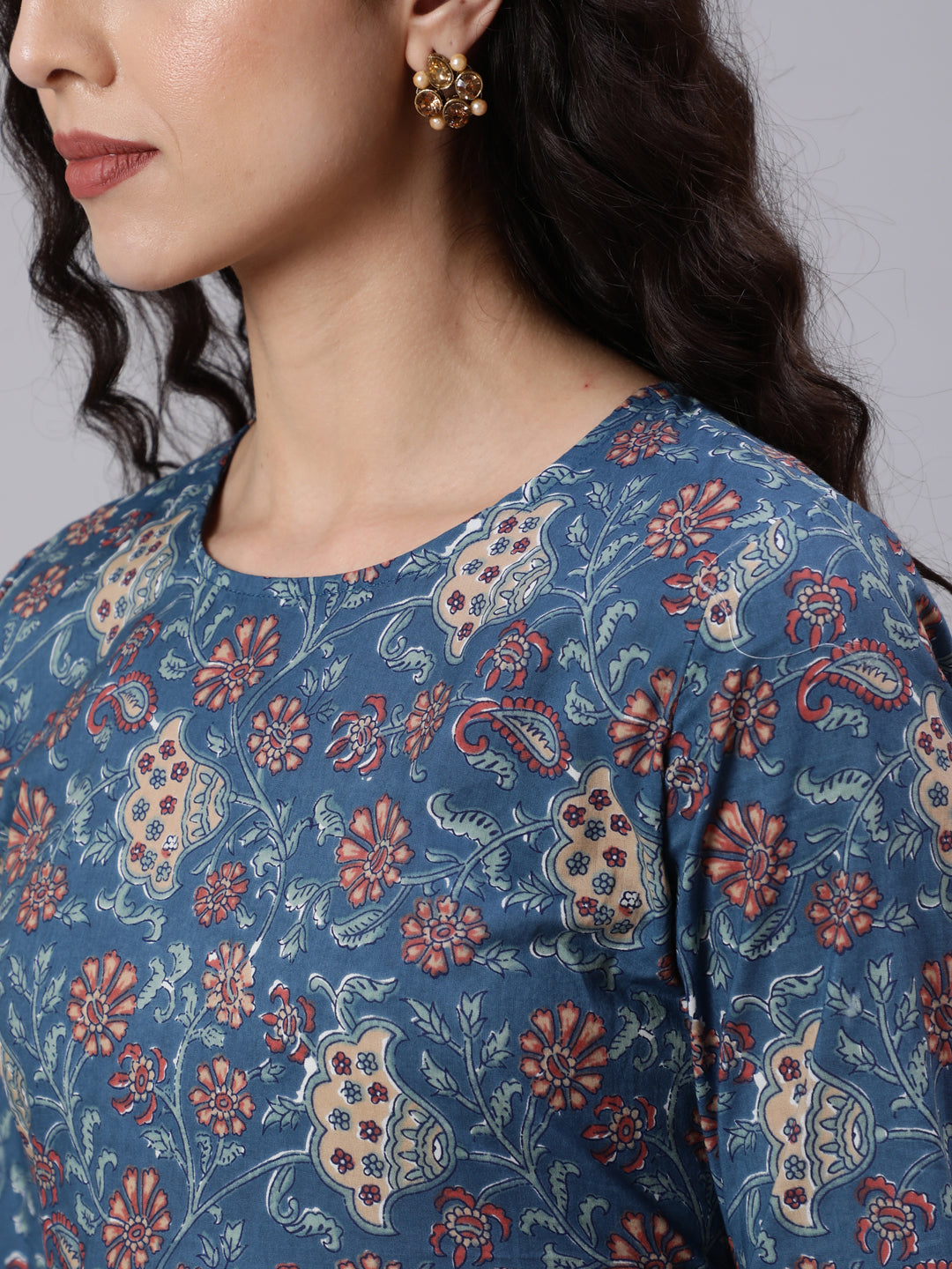 Blue Printed Flared Kurta With Palazzo And Dupatta