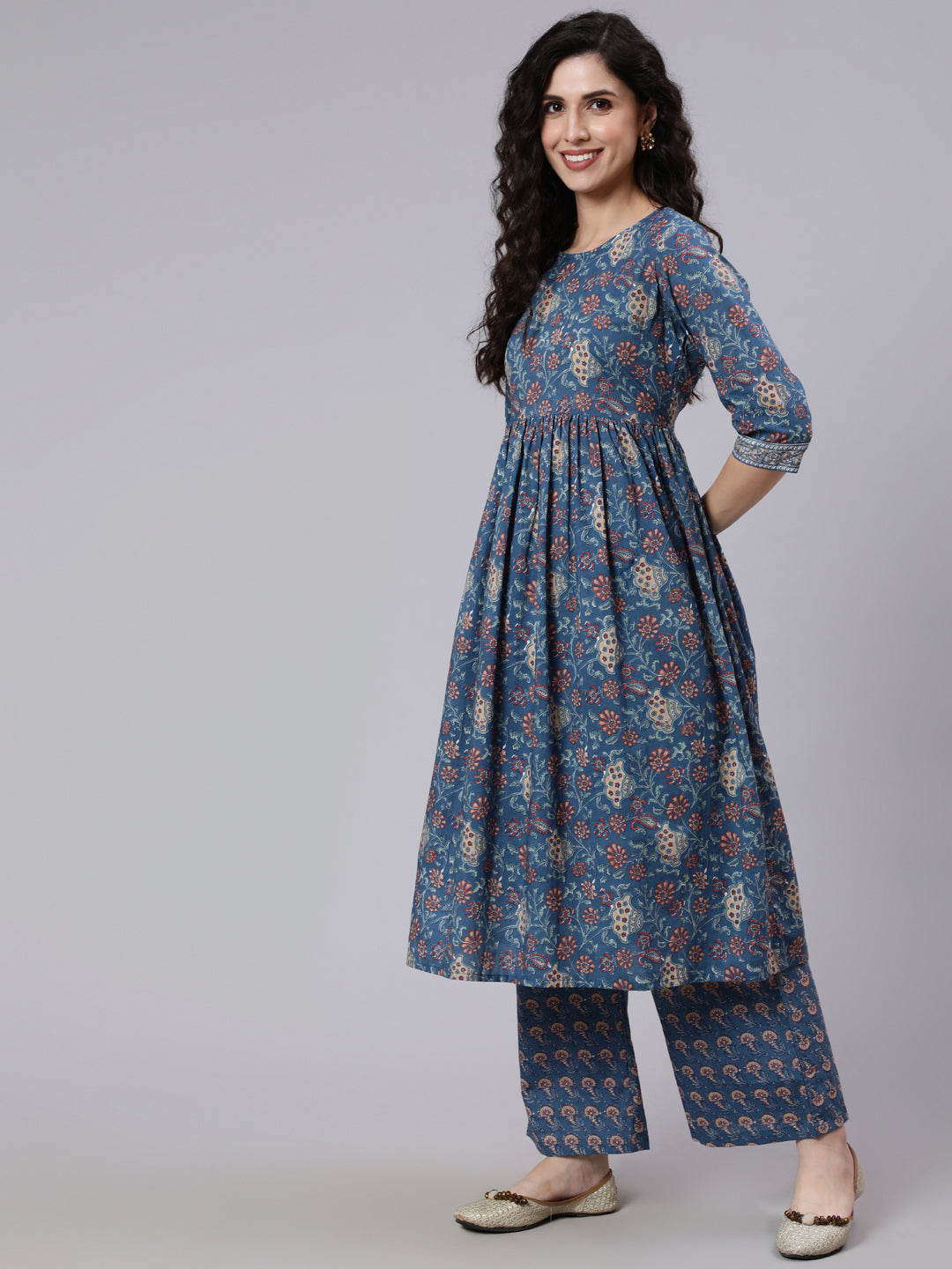 Blue Printed Flared Kurta With Palazzo And Dupatta