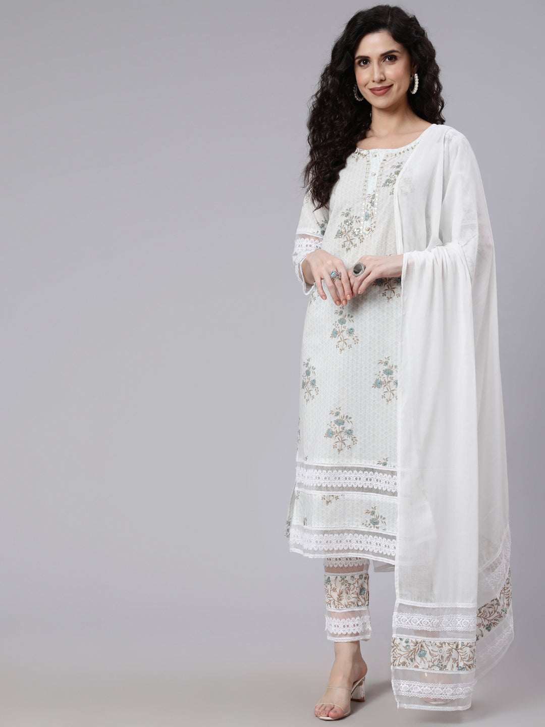 Off- White Embroidered Straight Kurta With Traouser And Dupatta