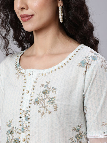 Off- White Embroidered Straight Kurta With Traouser And Dupatta