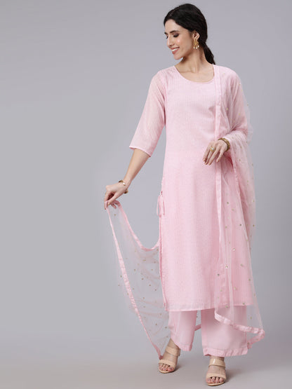 Pink Sequence Georgette Kurta With Palazzo And Net Dupatta