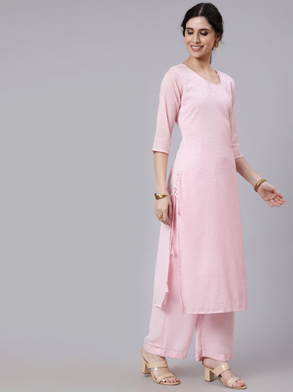 Pink Sequence Georgette Kurta With Palazzo And Net Dupatta