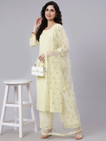 Yellow Sequence Georgette Kurta With Palazzo And Net Dupatta