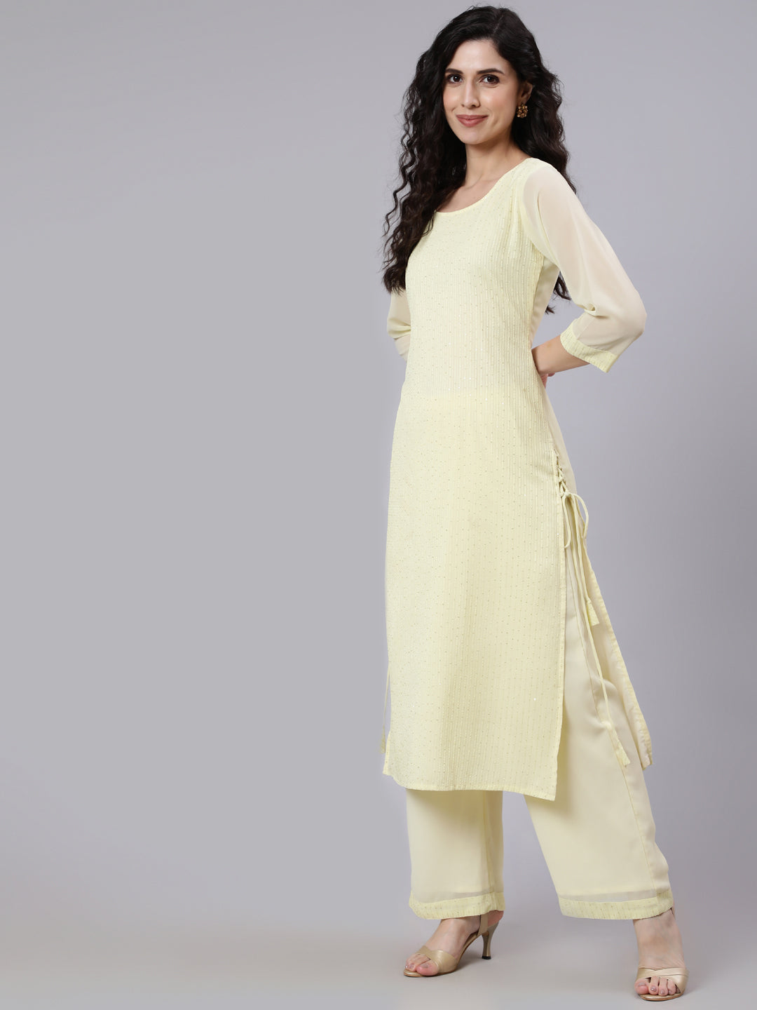 Yellow Sequence Georgette Kurta With Palazzo And Net Dupatta