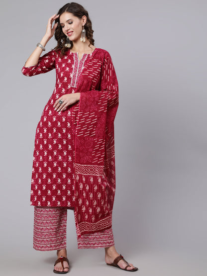 Burgundy Ethnic Printed Straight Kurta And Palazzo With Palazzo