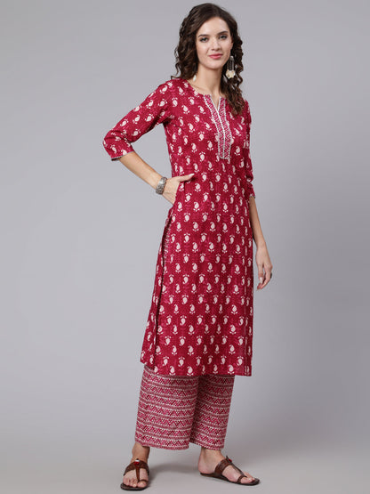 Burgundy Ethnic Printed Straight Kurta And Palazzo With Palazzo