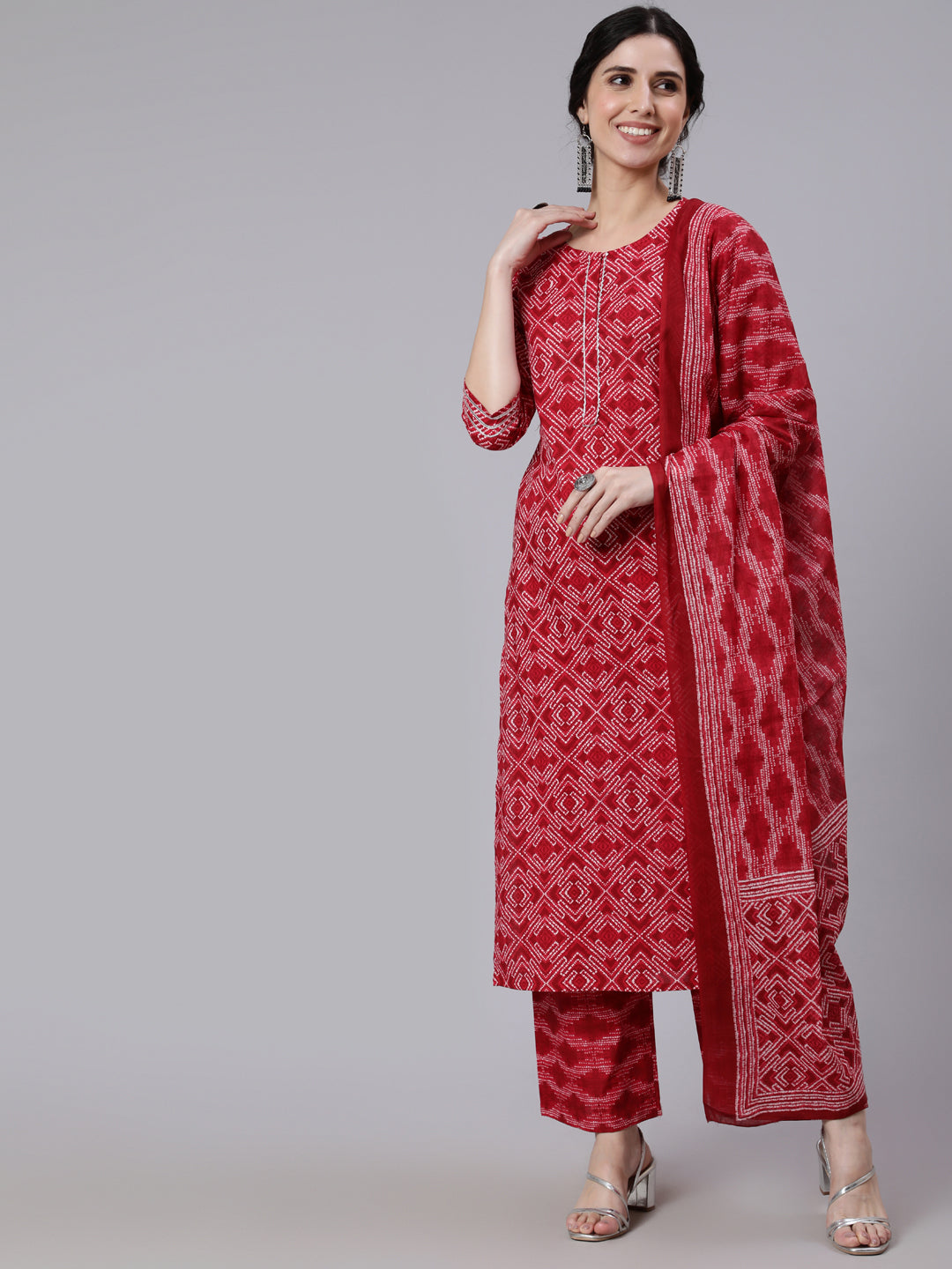 Red Bandhni Printed Straight Kurta With Palazzo And Dupatta