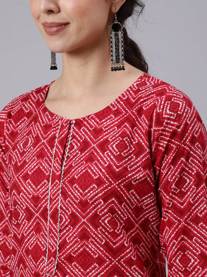 Red Bandhni Printed Straight Kurta With Palazzo And Dupatta