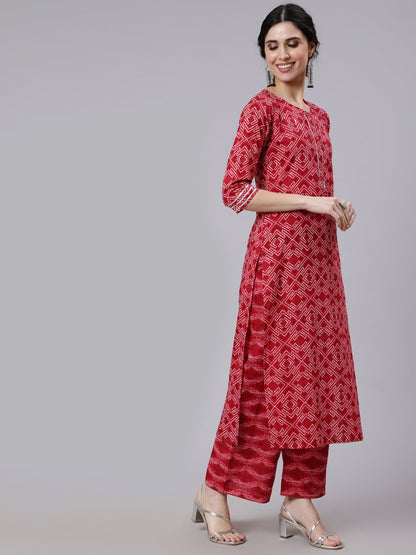 Red Bandhni Printed Straight Kurta With Palazzo And Dupatta