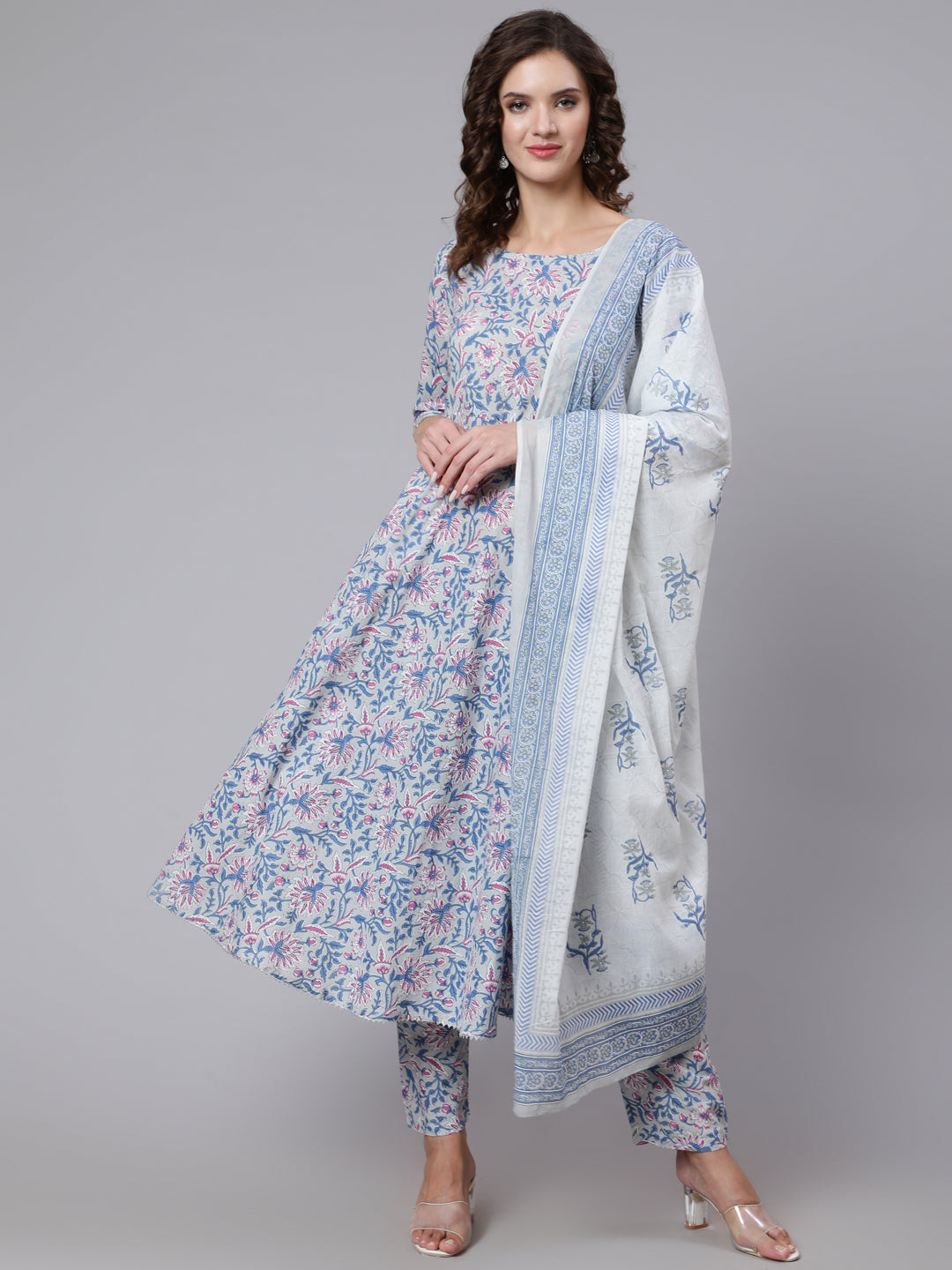 Grey Floral Printed Flared Kurta With Trouser And Dupatta