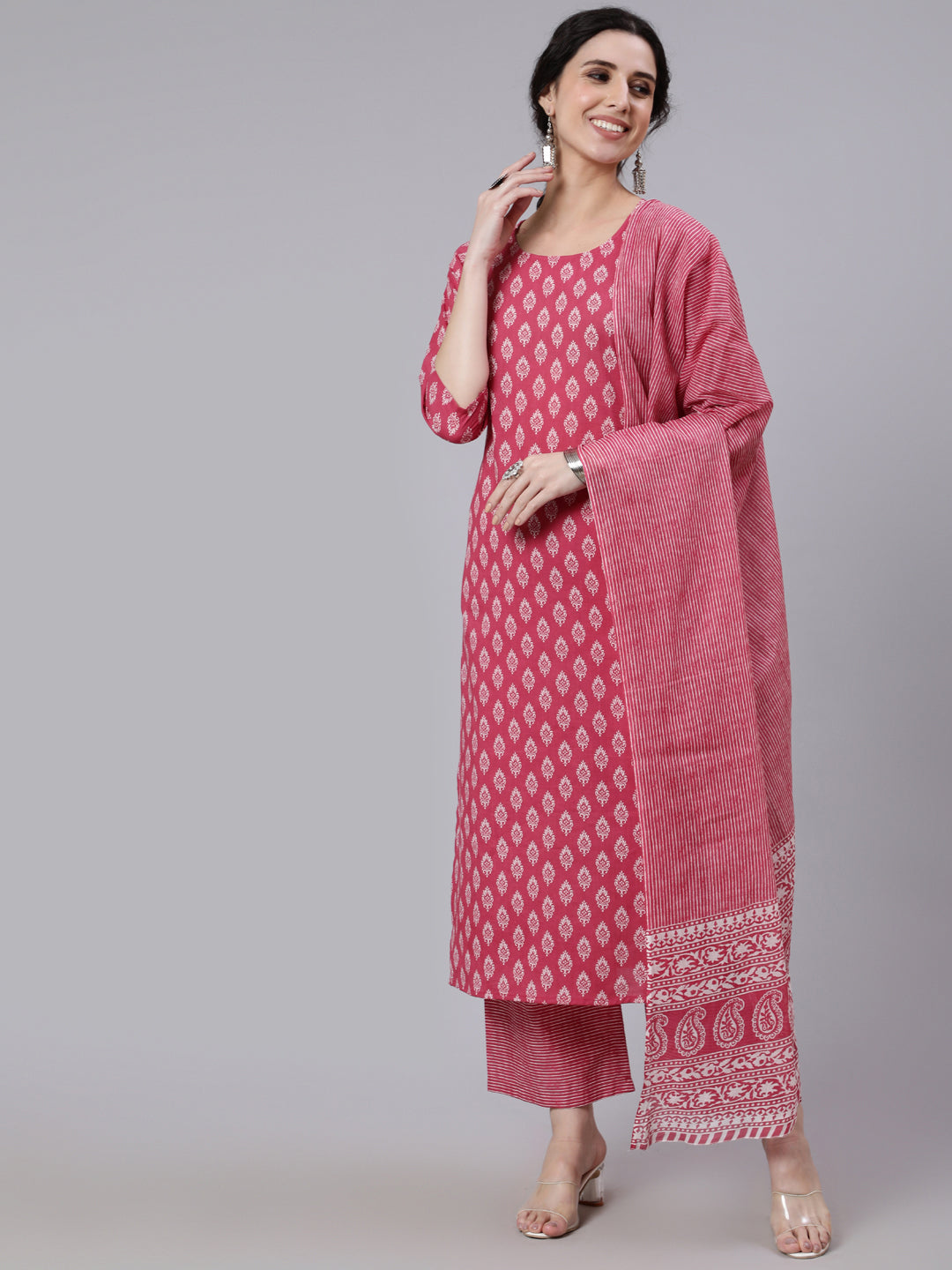 Pink Ethnic Printed Straight kurta With Palazzo and dupatta