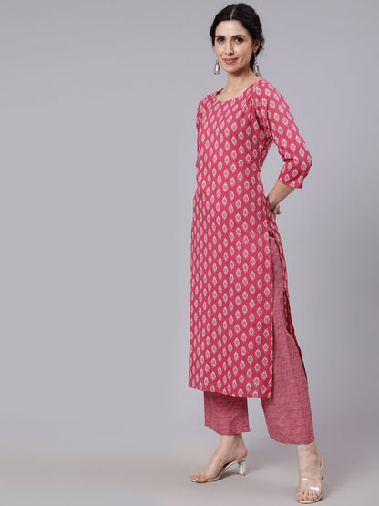 Pink Ethnic Printed Straight kurta With Palazzo and dupatta